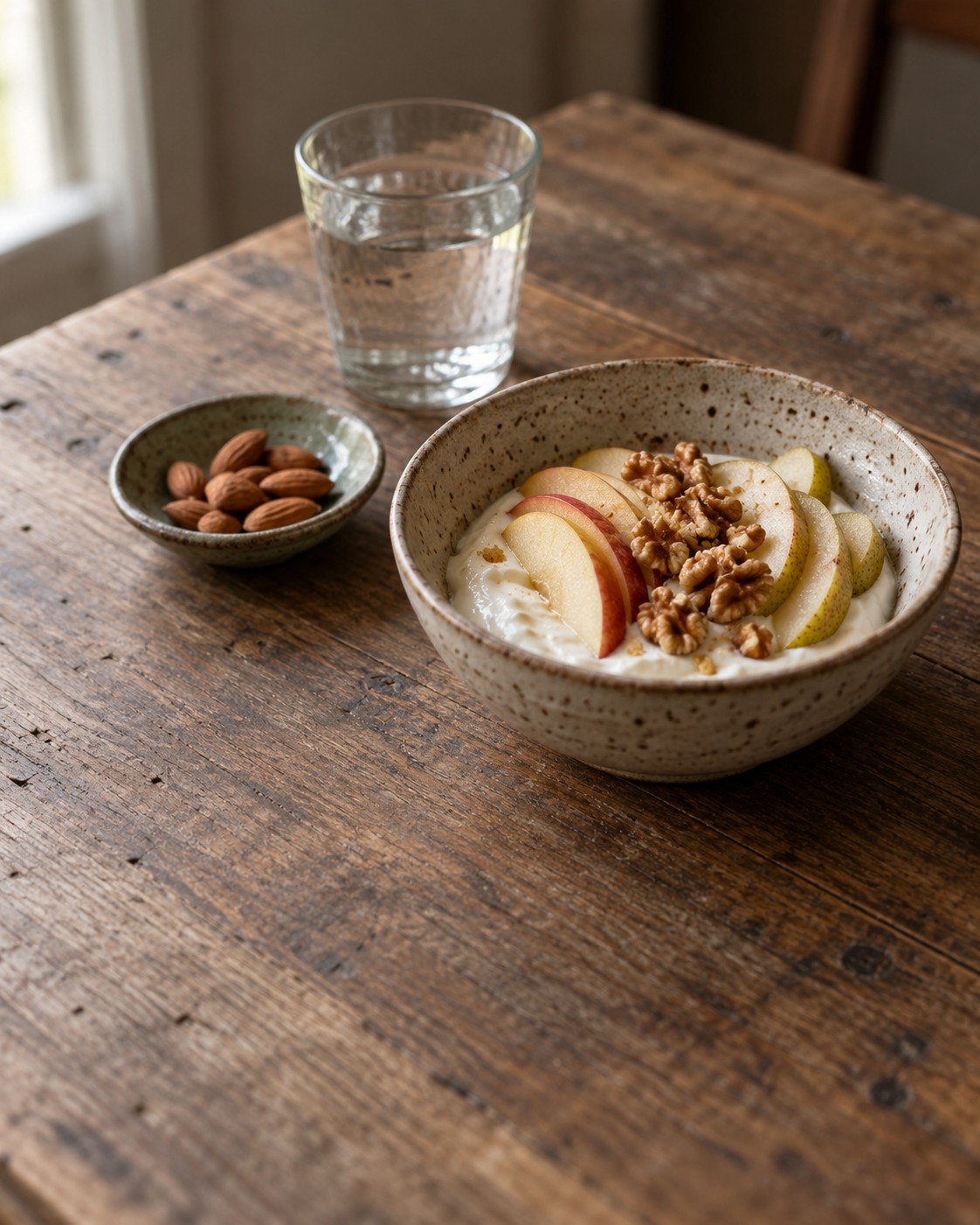 Cuenco de yogur con manzana y frutos secos, un cuenco pequeño de almendras y un vaso de agua sobre una mesa de madera