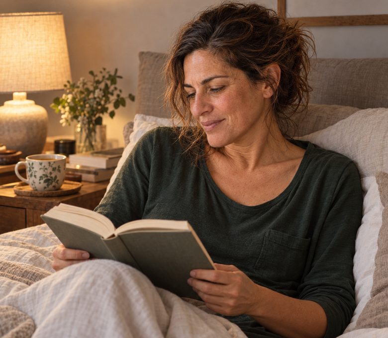Mujer leyendo en la cama con una taza de té