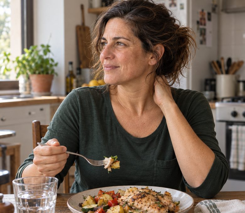 Mujer comiendo con calma en su cocina