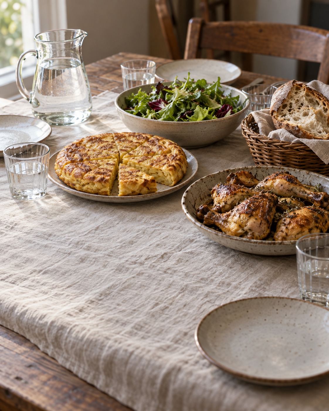 Mesa puesta con tortilla, pollo asado, ensalada y pan sobre un mantel de lino